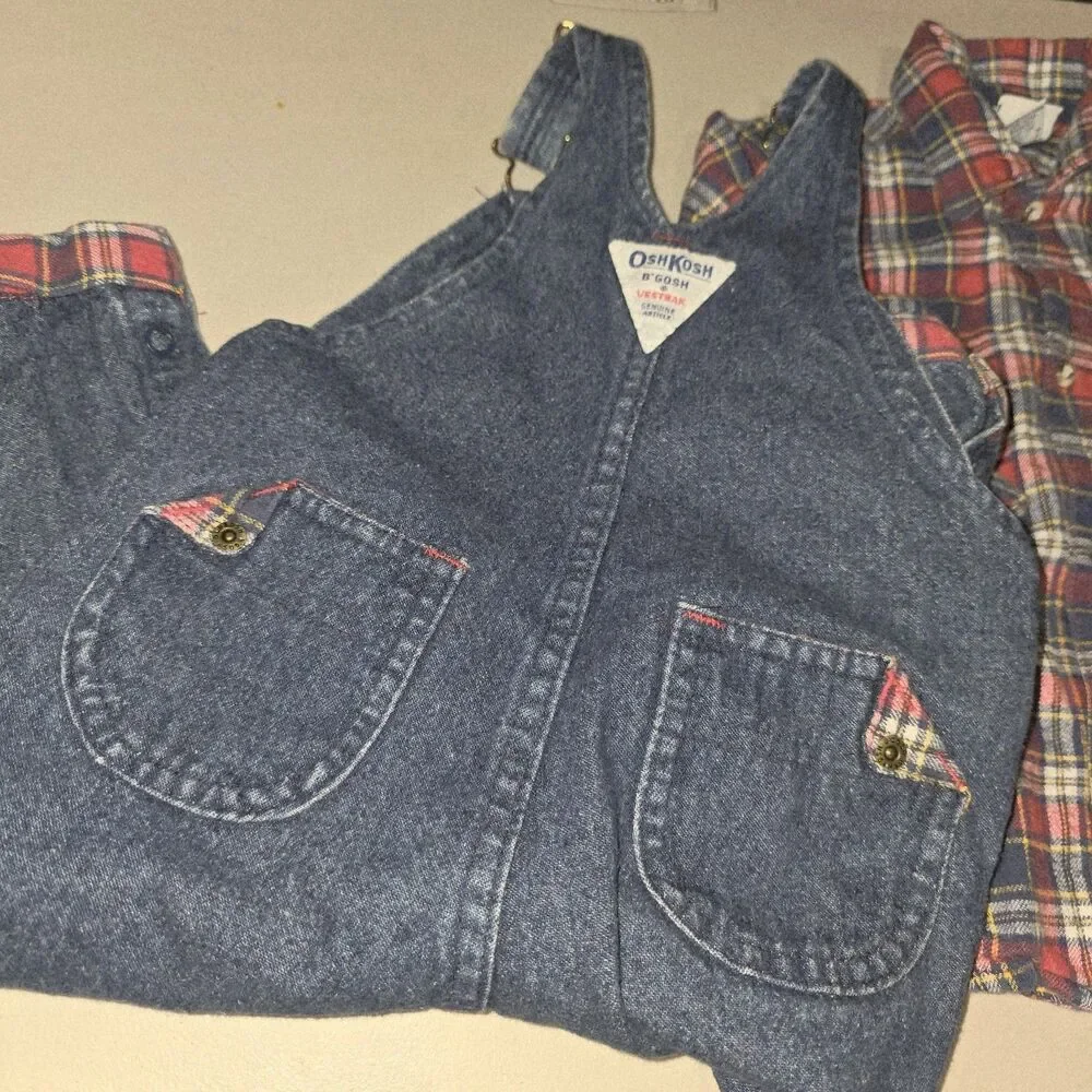 OSHKOSH B’GOSH Sz 18m USA Vintage 2015 Logo Denim Overalls & Red Flannel Shirt